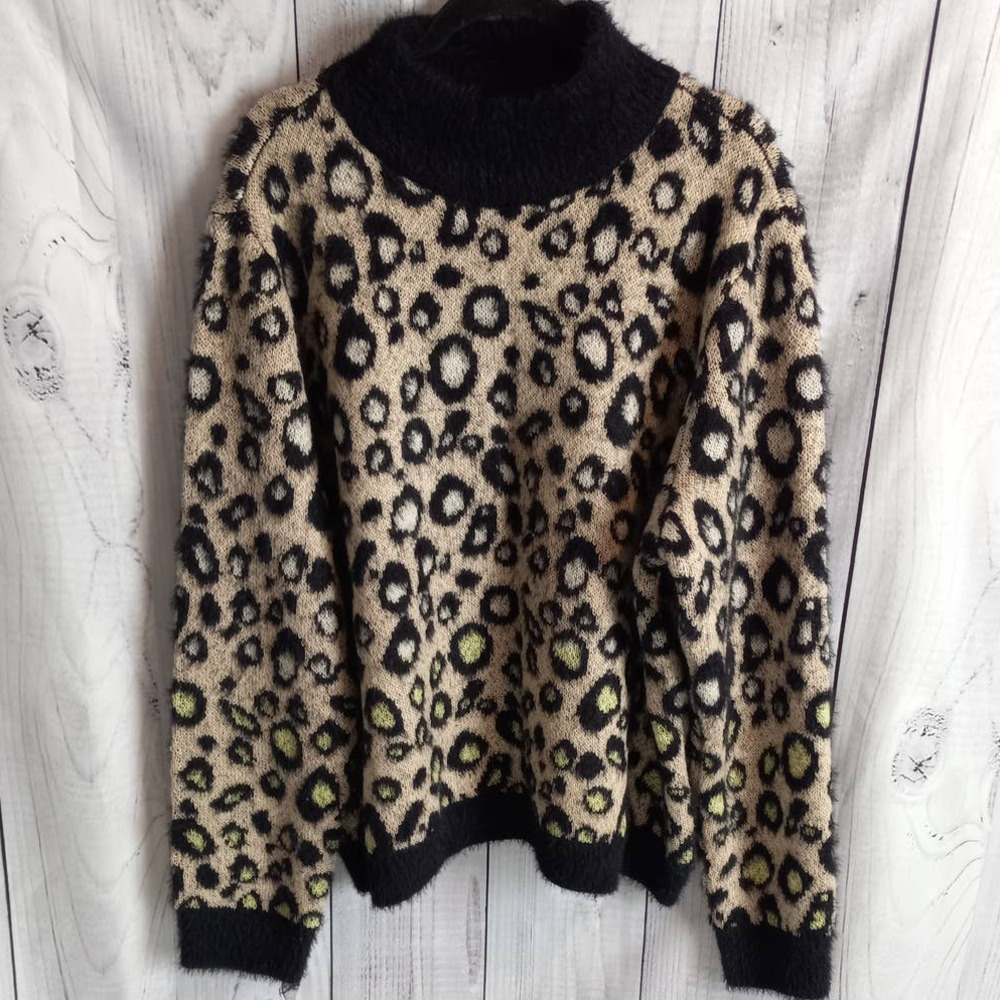 Loralette | Cozy Fuzzy Neon Leopard Mock Neck Oversized Boxy Sweater
